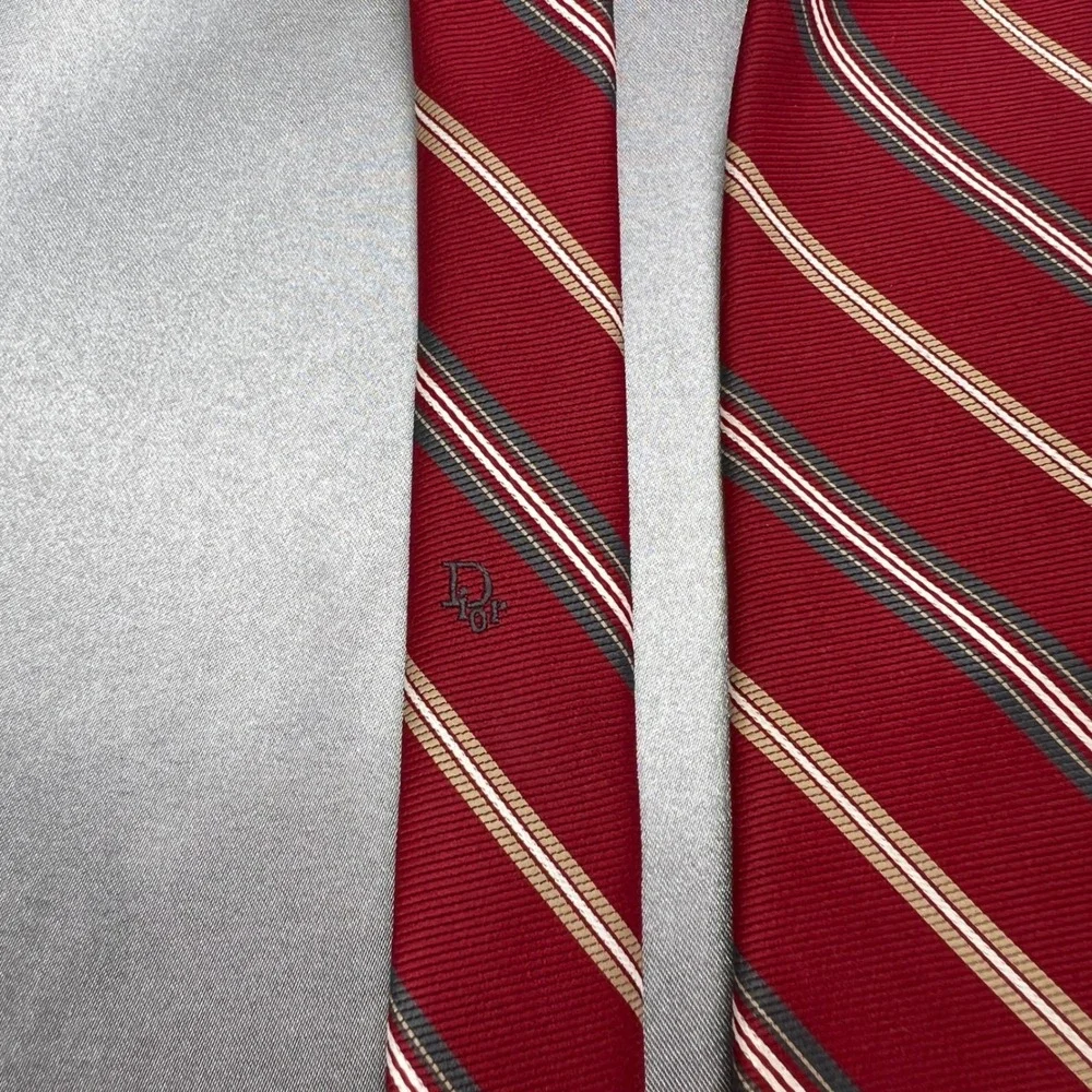 Christian Dior Mens Silk Tie Red Diagonal Stripe Embroidered Logo 54in Vintage